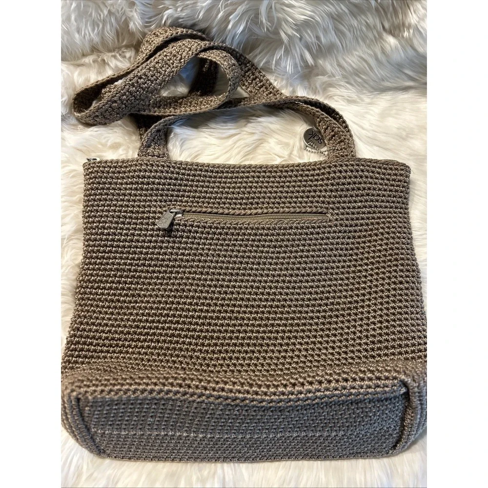 The Sak Crochet Shoulder Bag Purse Lined Taupe Brown Double Handle